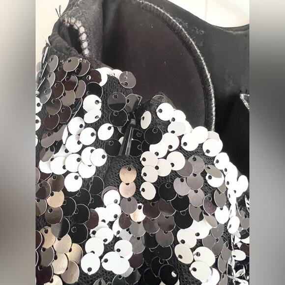 Aidan mattox sequin one shoulder cape dress mini black white - Picture 5 of 8